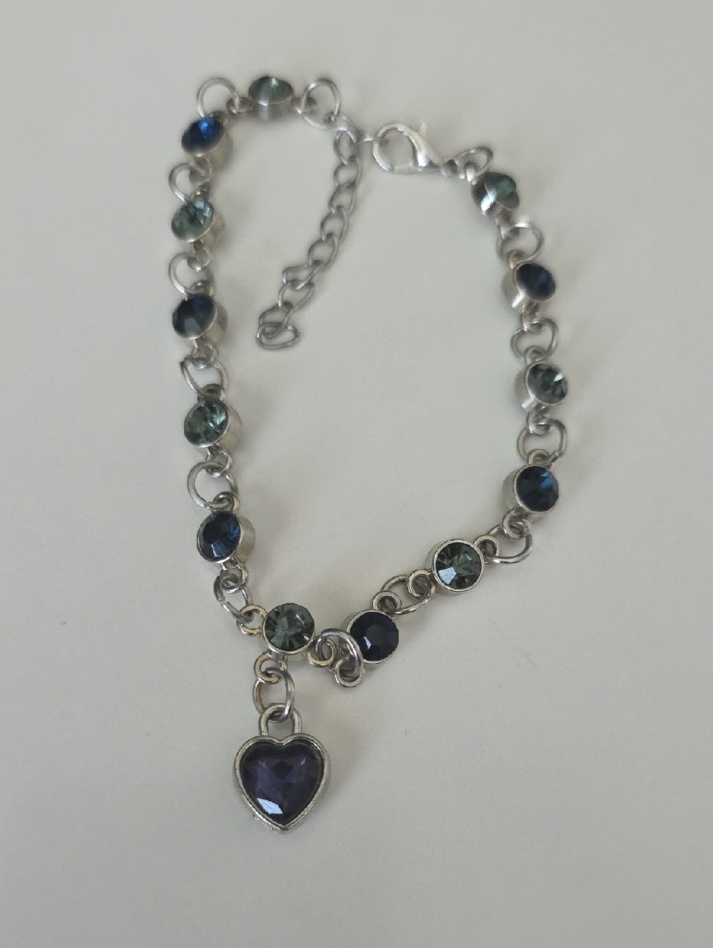 Silver-Tone Blue Crystal Heart Charm Bracelet